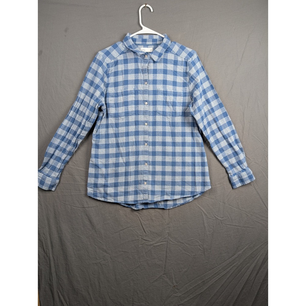 Croft & Barrow Women's M Blue White Plaid Flannel Button Up‎ Shirt Long Sleeve
